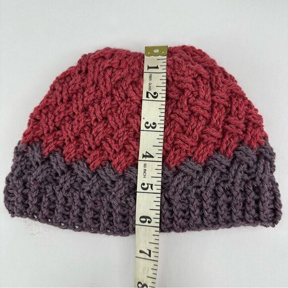 Handmade New Dark Pink Grey Merino Wool Basketweave Winter Knit Beanie Adult S/M - Picture 8 of 10